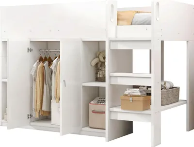 Produktbild von Multifunktionales Hochbett 90*200 mit Stauraum , Schrank und Regalen – Kinderbett mit Leiter und stabiler Konstruktion Weiß