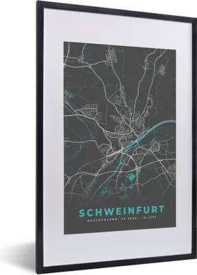 Produktbild von MuchoWow® Gerahmtes Poster Karte - Stadtplan - Schweinfurt - Deutschland - Blau 40x60 cm - Poster mit Schwarzem Bilderrahmen Wandposter Rahmen Foto Bilder - Poster in Rahmen