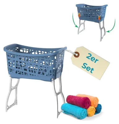 A blue laundry basket with white legs is shown, along with a tag that says '2er Set' and a stack of rolled towels.