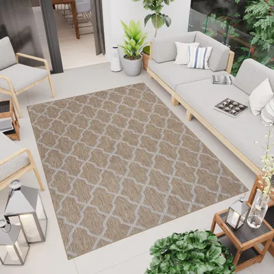 Produktbild von Teppich Outdoor Indoor Braun Grau Marokkanisch Gitter Balkon Terrasse Wetterfest 80 x 150 cm