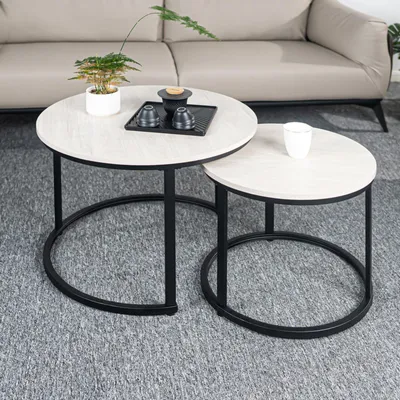 Produktbild von Hawthyhome Couchtisch-Set 2 Stücke Beistelltisch aus Holz mit Metallrahmen Moderne Kaffeetische für Wohnzimmer Schlafzimmer Weiß