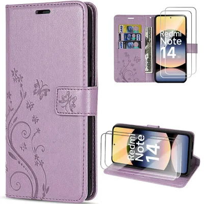 Image de Coque et 2 Verres Trempés pour Xiaomi Redmi Note 14 5G, Cuir Synthétique Violet Motif Papillon Fleurs