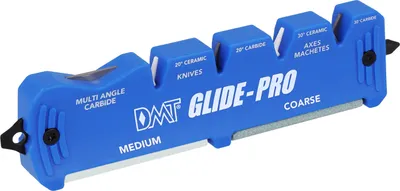 A blue knife sharpener with text and labels.