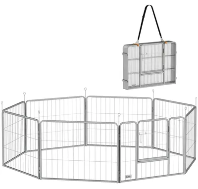 Zdjęcie produktu dla Klatka dla szczeniąt z barierkami – 8-częściowa klatka dla szczeniąt z drzwiami – stal – rozmiar L – srebrna