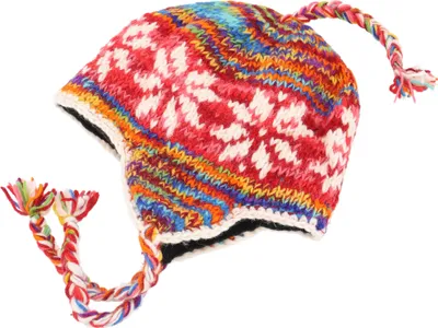 Produktbild von Wollmütze mit Ohrenklappen, Norwegermütze, Wintermütze - Rot/bunt, Uni, Wolle, Hüte, Mützen