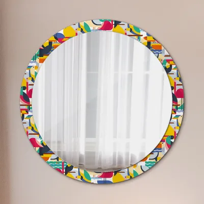 Produktbild von Spiegel Rund mit Aufdruck - Wandspiegel Design Wandmontage – Badspiegel - Rundspiegel - Geometrisch Tropisch Vögel - Rund: Ø100cm