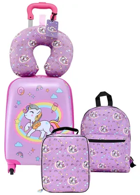 Immagine prodotto di VEVOR Set di 5 valigie per bambini, 457,2 mm, valigia rigida con trolley per bambini, zaino, cuscino per il collo, contenitore per il pranzo e etichette per valigie, set di valigie per bambini e bambine, pratico per viaggiare in aereo (unicorno)