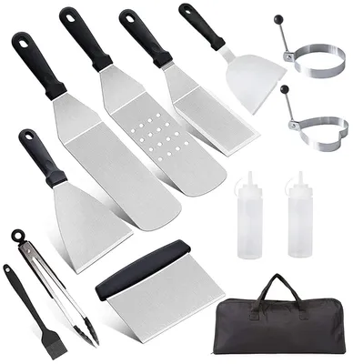 Imagen del producto de Juego de espátulas para parrilla, de 11 piezas, acero inoxidable, accesorios para plancha, barbacoa, para la cocina