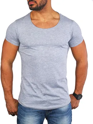 Produktbild von Young & Rich Herren Uni T-Shirt mit tiefem Rundhals Ausschnitt einfarbig körperbetontes Basic Tee Vintage Look 1702