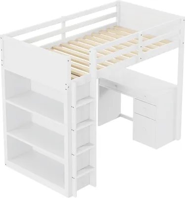Produktbild von Hochbett,Kinderbett,Einzelbett(Weiß)mit Aufbewahrungsschränken und Computertisch,multifunktionales Hochbett aus Holz