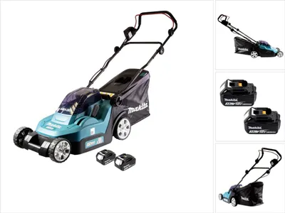 A teal and black Makita cordless lawnmower with two batteries in front of it, shown on a white background. The image is part of a collage with other product shots.