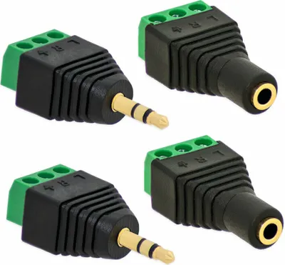 Produktbild von 2X Klinken Stecker + 2X Buchsen 3,5mm Adapter > Terminalblock 3 Pin Schraub Klemme Set