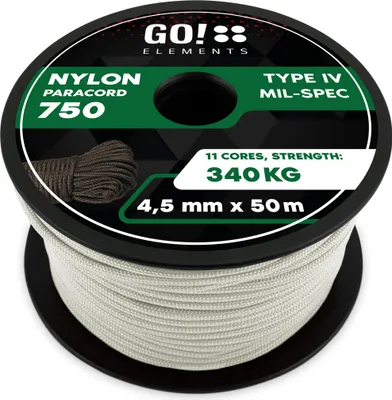 Produktbild von GO!elements 50m Paracord Seil aus reißfester Nylonschnur - 4,5mm Paracord 750 Typ IV Schnur - geeignet als Allzweckseil & Reepschnur - Max. 340kg, Farbe: Weiß