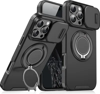 Obrázek produktu pro Dvouvrstvé pouzdro pro iPhone 16 Pro, s posuvným krytem fotoaparátu a magnetickým kroužkovým stojánkem Černý