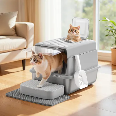 Produktbild von Feandrea Katzenklo Edelstahl, Katzentoilette mit Deckel, mit Schaufel, Katzenstreumatte und 2 Eingängen, für Katzen bis 15 kg, hellgrau