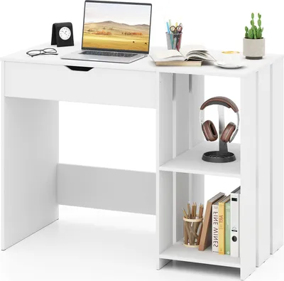 Produktbild von COSTWAY Computertisch mit anhebbarer Platte, moderner Schreibtisch fürs Büro mit verstecktem Fach und 2 offenen Ablageflächen, PC-Arbeitsplatz weiß