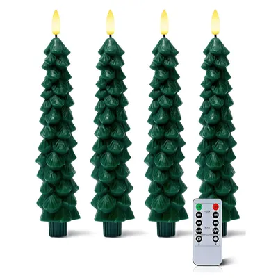 Four green LED candles shaped like Christmas trees are displayed on a white background. A remote control is placed in front of the candles.
