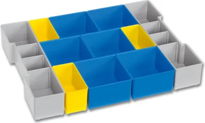 A top-down view of a modular storage organizer with multiple compartments.