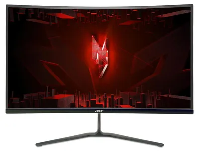 A curved computer monitor displaying a red and black abstract graphic with a prominent red logo in the center.
