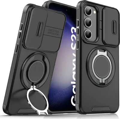 Immagine prodotto di Custodia a doppio strato per Samsung Galaxy S23+, con copertura scorrevole della fotocamera e supporto magnetico ad anello Nero