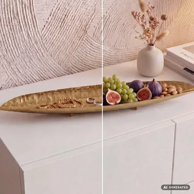Produktbild von WOHNLING Dekoschale Gold Schale 65,5cm Design Obstschale Modern mit Beinen Metallschale Dekoration lang Handmade, KI-generiertes Bild