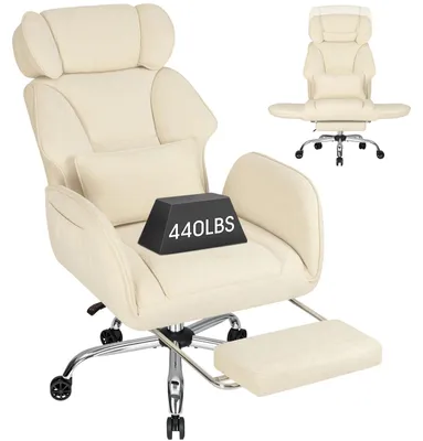 Produktbild von Bürostuhl - Ergonomischer Schreibtischstuhl - Bis 200 kg belastbar - Breiter Sitz für Schneidersitz - Drehbar mit Rollen - Umklappbare Armlehnen - Fußstütze - Beige Stoff