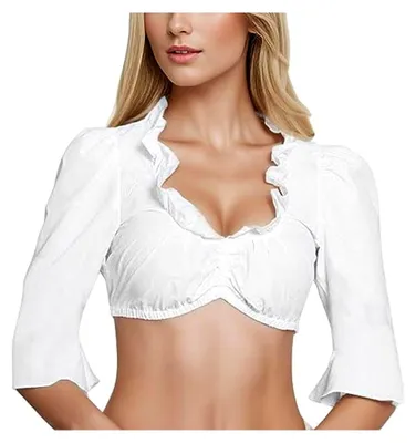 Produktbild von Damen Dirndlbluse Spitze Trachten Dirndlbluse Kurzarm  Dirndlblusen Halbarm Tracht Bluse Weiß/Schwarz (34-48)