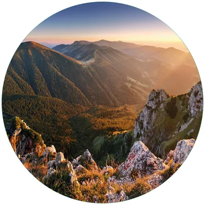 Produktbild von Wallario Premium Glasbild, freischwebende Optik, kräftige Farben, rund 50cm Durchmesser, Motiv Berglandschaft mit Sonnenuntergang in der Slowakei