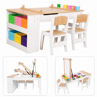 Immagine prodotto di Tavolo per bambini 3-in-1 in legno, marca GINGER HOME, completo di 2 sedie, lavagna, vano contenitore e rotolo di carta, dimensioni 109 x 60 x 55 cm