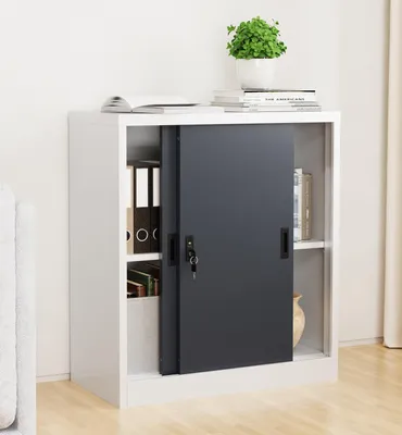 Produktbild von VCM Metall Büroschrank H. 90 x B. 80 x T. 40 cm / Aktenschrank Büromöbel für Ordner / Stahlschrank abschließbar / Schiebetürenschrank Malivo 2 fach mit Schiebetüren