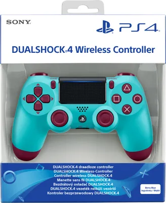 The image shows a teal and burgundy Sony PlayStation 4 Dualshock 4 wireless controller in its retail packaging.
