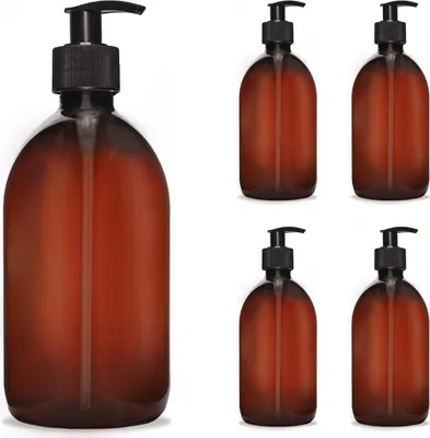 Zdjęcie produktu dla 5 sztuk brązowych butelek PET o pojemności 500 ml, gwint ROPP28, z dozownikiem mydła i zakrętkami