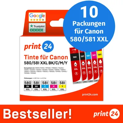 Produktbild von print24 Tintenpatronen für Canon 580/581 XXL, Multipack (BK/BK/C/M/Y), 10 Stück