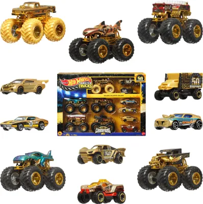 Produktbild von Hot Wheels Monster Trucks Trophy Champions Collection, 5 Spielzeugtrucks und 6 Die-Cast-Autos im Maßstab 1:64, Fahrzeug-Set, 3 Jahr(e), Kunststoff, Metall, Gold, Mehrfarbig