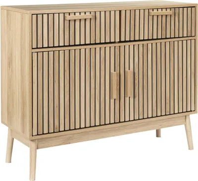 Obrázek produktu pro HowHomely | Komoda - Příborník - 100 x 35 x 80 cm - Béžová - Příborník - Lamelové čelo - s dvířky a zásuvkami