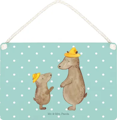 Produktbild von Mr. & Mrs. Panda Schild Bären mit Hut DIN A5 - Türkis Pastell - Geschenk, Muttertag, Holzschild, Familie, holzbild, Vatertag, Türschild, Wandbild Holz, Vater, Papa
