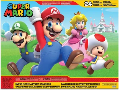 The image shows the packaging of a Super Mario Advent Calendar, featuring characters like Mario, Luigi, Princess Peach, and Toad in a playful, running pose with a castle in the background.