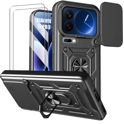 Image de Coque + 2 Verres Trempés pour Xiaomi 17 Pro, Rigide avec Anneau et Protection Caméra - Noir