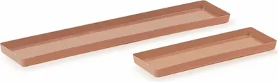 Two rectangular plant saucers of different sizes, made of terracotta-colored plastic, are placed on a white background.
