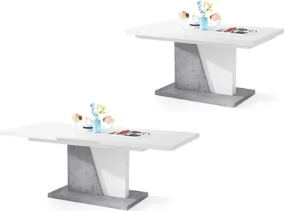Produktbild von All4All Couchtisch Noel , Kaffeetisch , Wohnzimmertisch , Sofatisch mit Ablagen , Esstisch mit Einlegeplatte , ausklappbar , 120x70cm , Weiß + Beton Millenium