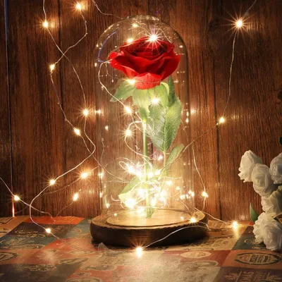 Produktbild von Kunstblume Ewige Rose im Glas mit Licht Höhe 21.8 cm