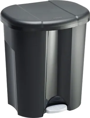 A black pedal bin with a silver pedal, shown against a white background.