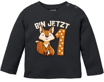 Produktbild von Baby Langarm-Shirt 1. Geburtstag Fuchs Bin jetzt 1 Tiermotive Fox Geburtstagsshirt Baumwolle Junge/Mädchen MoonWorks® schwarz 56/62 (1-3 Monate)