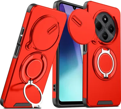 Immagine prodotto di Custodia a doppio strato per Xiaomi Redmi A4 5G / Poco C75 / Redmi 14C 4G, con copertura scorrevole della fotocamera e supporto ad anello magnetico Rosso