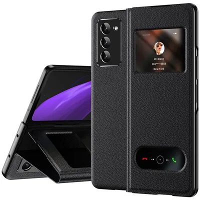 Immagine prodotto di Custodia sottile in pelle flip per Samsung Galaxy Z Fold 2 5G, con finestra di visualizzazione e funzione di supporto Lychee nero
