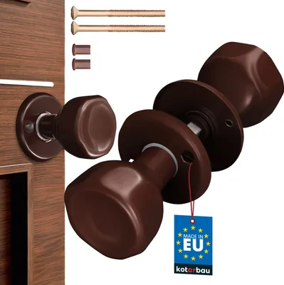A set of brown door knobs and mounting hardware, with a "Made in EU" tag.
