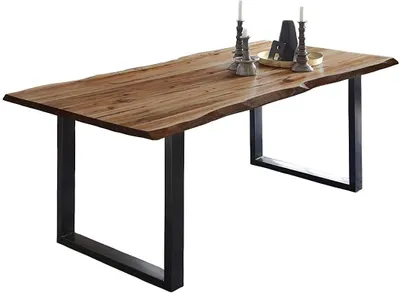 Produktbild von Baumkantentisch 180x90 cm Mephisto, Akazienholz massiv + naturfarben lackiert, Esstisch mit schwarz lackiertem U-Gestell, Esszimmertisch/Holztisch, Tischplatte 26 mm