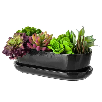 A black ceramic planter with a glossy finish, filled with various artificial succulents, sits on a matching saucer. The planter is oval-shaped and modern in design.