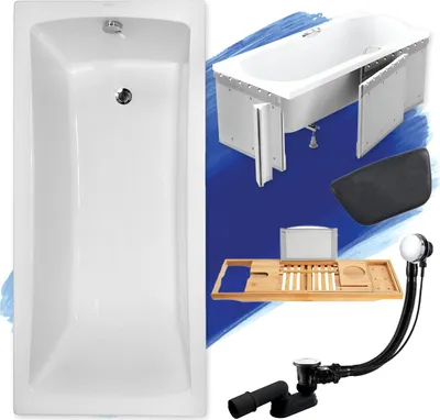 Produktbild von Badewanne Rechteck Set 5in1 140x70 mit Ablaufgarnitur und Füßen GRATIS + Styropor + Bambus Holzablage + Kopfstütze in Schwarz | BADLAND OPTIMAZ