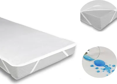 A collage of images showing a white mattress protector, a close-up of a mattress protector on a mattress, and a demonstration of its waterproof feature.
